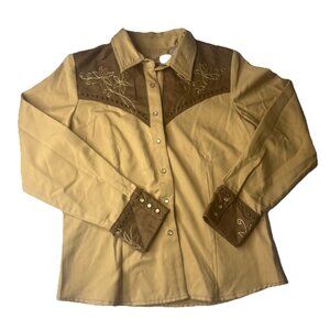 Vtg Scully Shirt Cowgirl Westernwear Tan Brown Pearl Snap Studs N Suede Sz Med